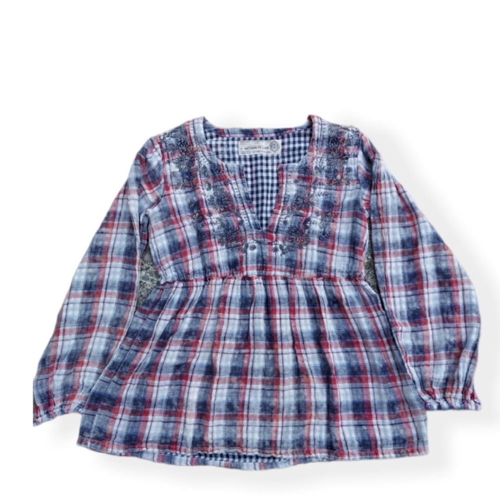 Anthropologie plaid embroidered artisan de luxe top blouse